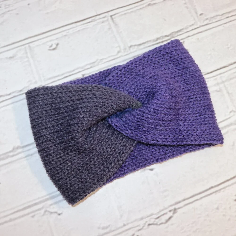 💜 Twisted Knit Headband – Purple & Gray · Handmade · One Size